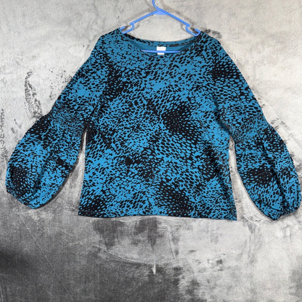 Chicos Flocked Sleeve Knit Top Striking Teal Animal Print Size 2 Large New